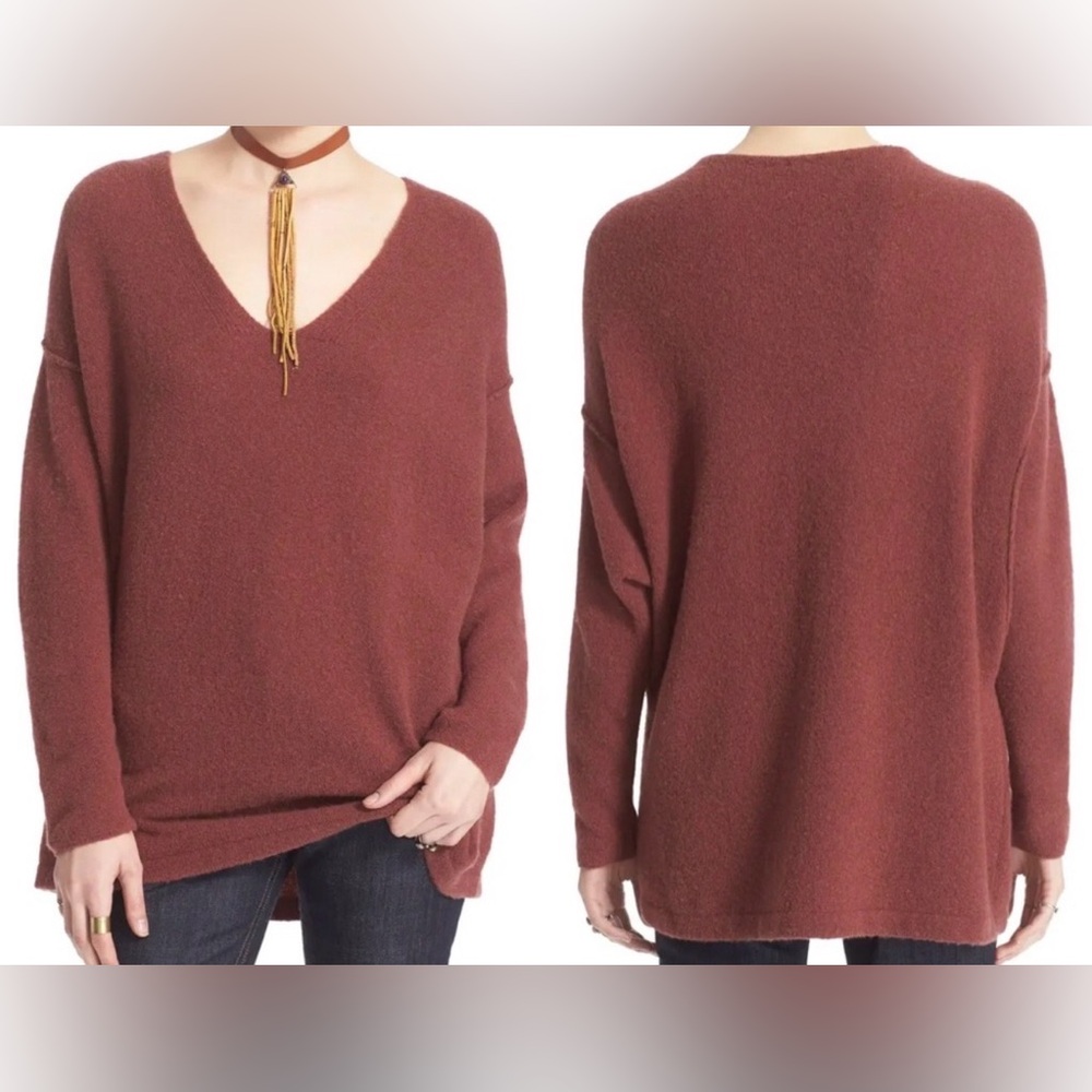 Free People V-Neck Wool Blend, Dolman Sleeve  Sweater - Deep Rust Size M